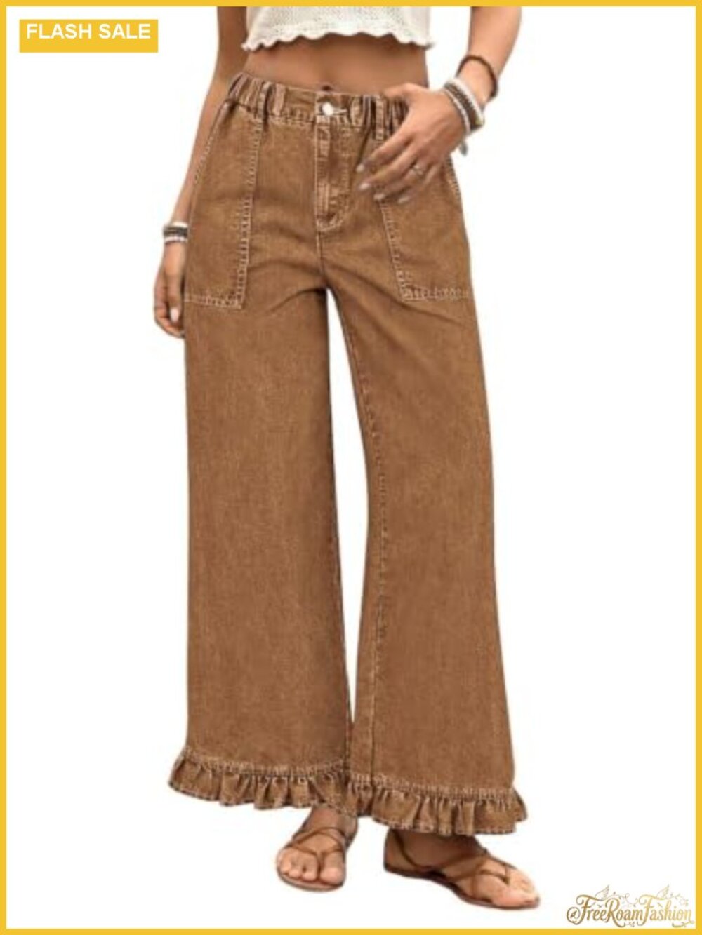 Wide Leg Jeans Women Elastic Waist Baggy Denim Pants with Ruffle Hem and Pockets